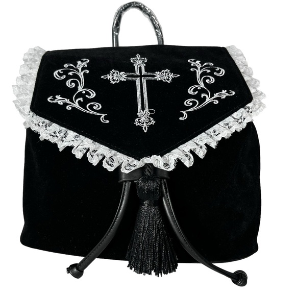 Dolls Kill Black Velvet Backpack White Embroidered Cross Drawstring Flap Bag - Picture 2 of 16
